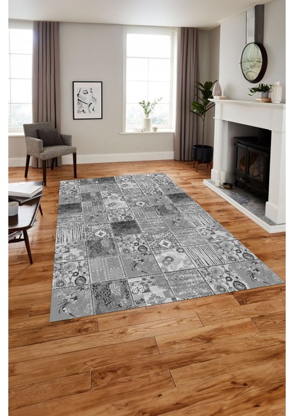 Baskılı Patchwork Klasik Motif Yıkanabilir Kaymaz Yolluk Mutfak Salon Halısı, Patchwork-35-Gri,