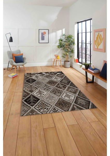 Baskılı Patchwork Etnik Modern Yıkanabilir Kaymaz Yolluk Mutfak Salon Halısı, Patchwork-32-Kahve,