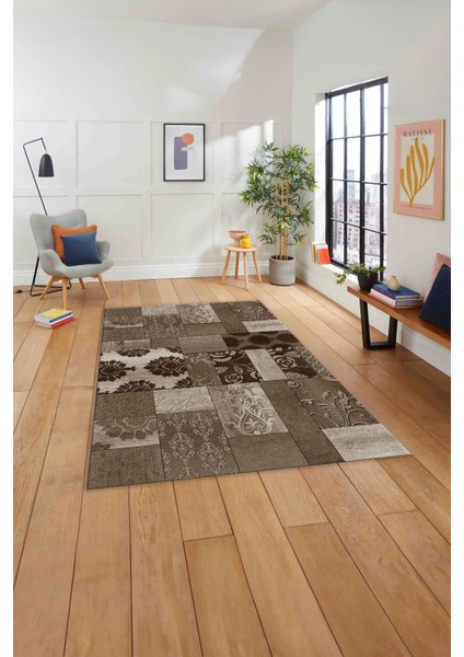 Baskılı Patchwork Çiçek Motifli Yıkanabilir Kaymaz Yolluk Mutfak Salon Halısı, Patchwork-34-Kahve,