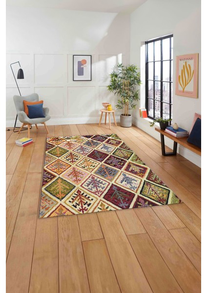 Baskılı Patchwork Etnik Modern Yıkanabilir Kaymaz Yolluk Mutfak Salon Halısı, Patchwork-32-Renkli,