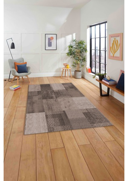 Baskılı Patchwork Dekoratif Yıkanabilir Kaymaz Yolluk Mutfak Salon Halısı, Patchwork-36-Vizon,