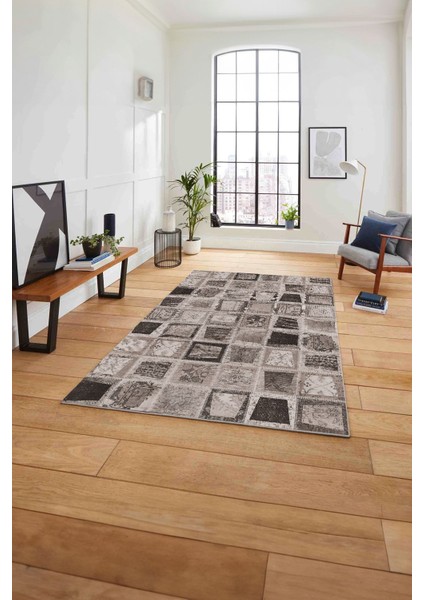 Baskılı Patchwork Yama Modeli Yıkanabilir Kaymaz Yolluk Mutfak Salon Halısı, Patchwork-26-Vizon,