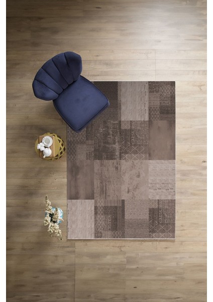 Baskılı Patchwork Dekoratif Yıkanabilir Kaymaz Yolluk Mutfak Salon Halısı, Patchwork-36-Vizon,