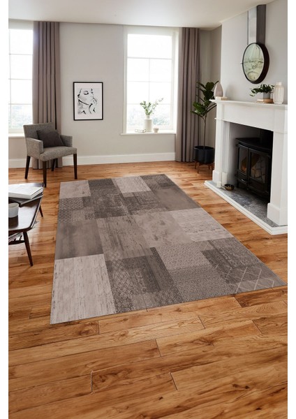 Baskılı Patchwork Dekoratif Yıkanabilir Kaymaz Yolluk Mutfak Salon Halısı, Patchwork-36-Vizon,