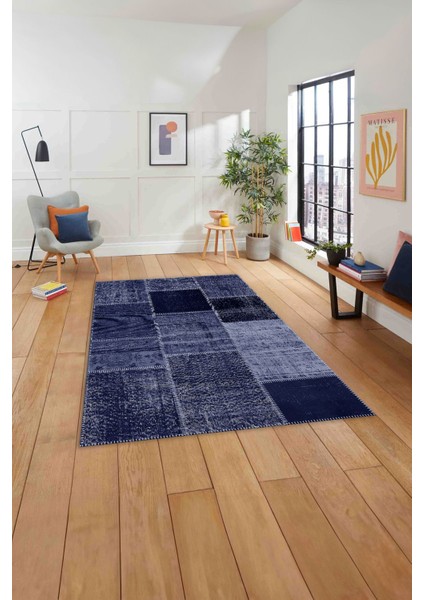 Baskılı Patchwork Etnik Görünüm Yıkanabilir Kaymaz Yolluk Mutfak Salon Halısı,Patchwork-39-Lacivert,