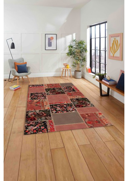 Baskılı Patchwork Çiçek Motifli Yıkanabilir Kaymaz Yolluk Mutfak Salon Halısı, Patchwork-40-Kırmızı,