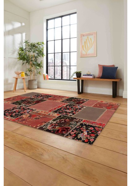 Baskılı Patchwork Çiçek Motifli Yıkanabilir Kaymaz Yolluk Mutfak Salon Halısı, Patchwork-40-Kırmızı, fiyatları