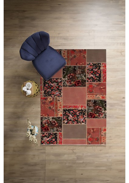 Baskılı Patchwork Çiçek Motifli Yıkanabilir Kaymaz Yolluk Mutfak Salon Halısı, Patchwork-40-Kırmızı, modelleri