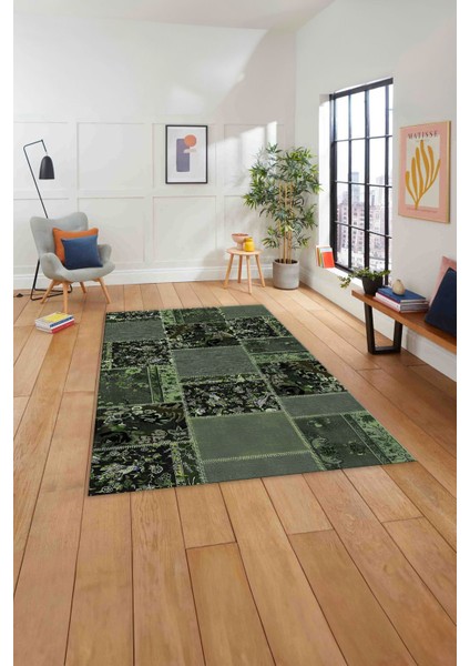 Baskılı Patchwork Çiçek Motifli Yıkanabilir Kaymaz Yolluk Mutfak Salon Halısı, Patchwork-40-Yeşil,