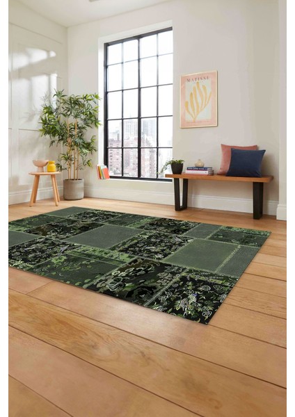 Baskılı Patchwork Çiçek Motifli Yıkanabilir Kaymaz Yolluk Mutfak Salon Halısı, Patchwork-40-Yeşil, fiyatları