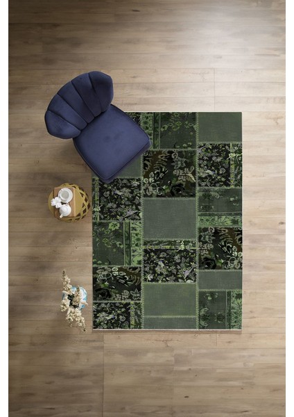 Baskılı Patchwork Çiçek Motifli Yıkanabilir Kaymaz Yolluk Mutfak Salon Halısı, Patchwork-40-Yeşil, modelleri