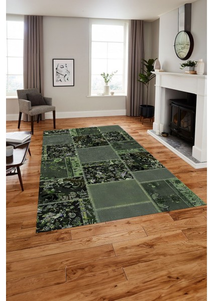 Baskılı Patchwork Çiçek Motifli Yıkanabilir Kaymaz Yolluk Mutfak Salon Halısı, Patchwork-40-Yeşil, indirimleri