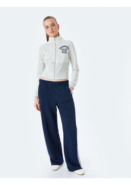 Kolej Baskılı Dik Yaka Uzun Kollu Fermuarlı Sweatshirt