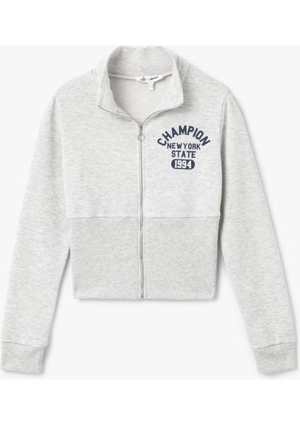 Kolej Baskılı Dik Yaka Uzun Kollu Fermuarlı Sweatshirt modelleri