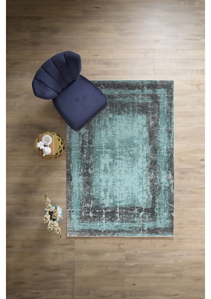 Dijital Baskılı Sade Çerçeveli Desen Yıkanabilir Kaymaz Yolluk Mutfak Salon Halısı, Sade-62-Mavi,