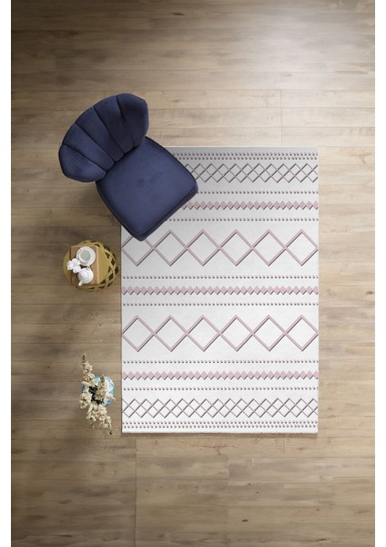 Dijital Baskılı Sade Kilim Motifli Yıkanabilir Kaymaz Yolluk Mutfak Salon Halısı, Sade-95-Pembe,