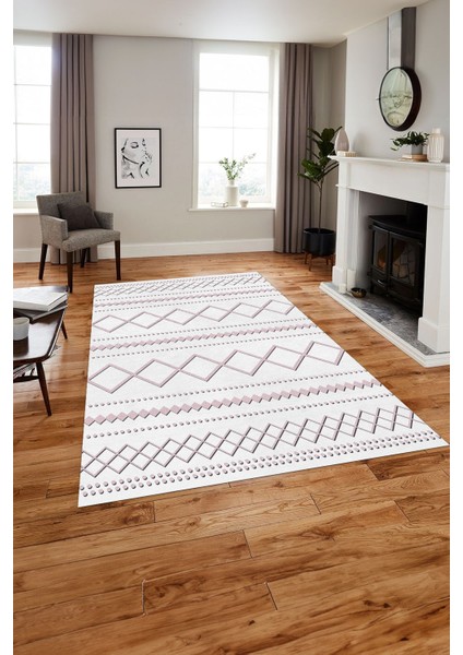 Dijital Baskılı Sade Kilim Motifli Yıkanabilir Kaymaz Yolluk Mutfak Salon Halısı, Sade-95-Pembe, modelleri