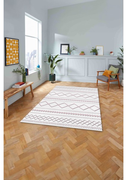 Dijital Baskılı Sade Kilim Motifli Yıkanabilir Kaymaz Yolluk Mutfak Salon Halısı, Sade-95-Pembe, fırsatları