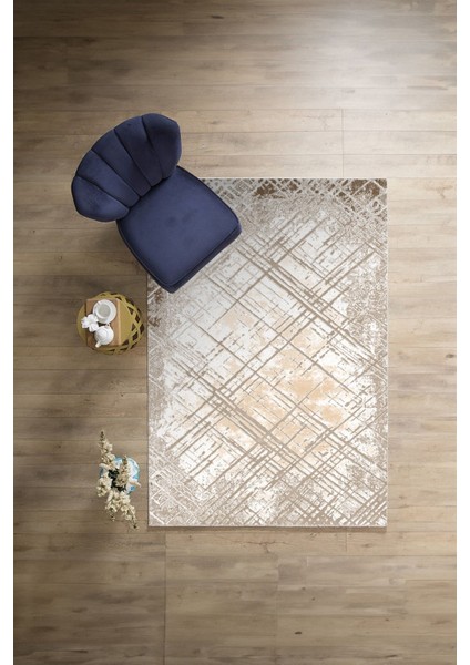 Dijital Baskılı Sade Çizgi Desenli Yıkanabilir Kaymaz Yolluk Mutfak Salon Halısı, Sade-65-Bej,