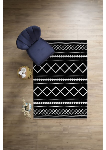 Dijital Baskılı Sade Kilim Motifli Yıkanabilir Kaymaz Yolluk Mutfak Salon Halısı, Sade-95-Siyah,