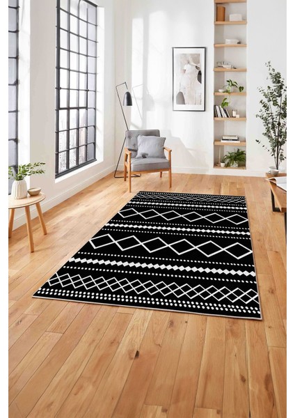 Dijital Baskılı Sade Kilim Motifli Yıkanabilir Kaymaz Yolluk Mutfak Salon Halısı, Sade-95-Siyah, indirimleri