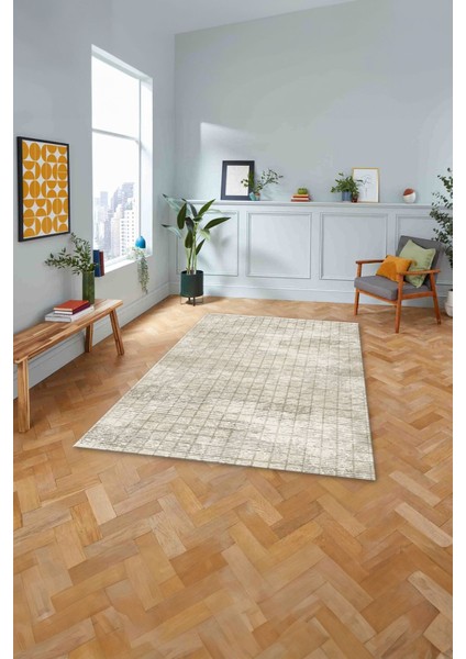 Dijital Baskılı Sade Kare Motifli Yıkanabilir Kaymaz Yolluk Mutfak Salon Halısı, Sade-72-Bej,