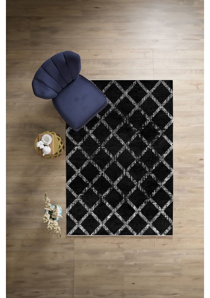 Dijital Baskılı Sade Kare Çizgili Yıkanabilir Kaymaz Yolluk Mutfak Salon Halısı, Sade-56-Siyah,