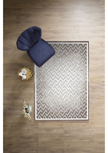 Dijital Sade Çerçeveli Zigzag Model Yıkanabilir Kaymaz Yolluk Mutfak Salon Halısı, Sade-88-Bej,