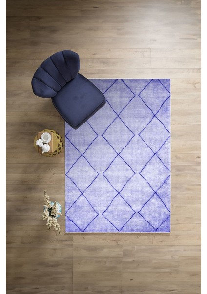 Dijital Baskılı Sade Dörtgen Çizgili Yıkanabilir Kaymaz Yolluk Mutfak Salon Halısı, Sade-52-Mor,