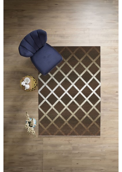Dijital Baskılı Sade Kare Çizgili Yıkanabilir Kaymaz Yolluk Mutfak Salon Halısı, Sade-56-Kahve,