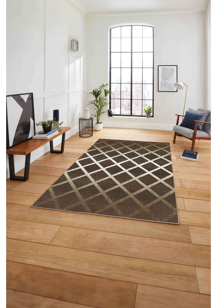 Dijital Baskılı Sade Kare Çizgili Yıkanabilir Kaymaz Yolluk Mutfak Salon Halısı, Sade-56-Kahve,
