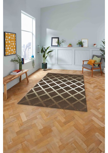 Dijital Baskılı Sade Kare Çizgili Yıkanabilir Kaymaz Yolluk Mutfak Salon Halısı, Sade-56-Kahve,