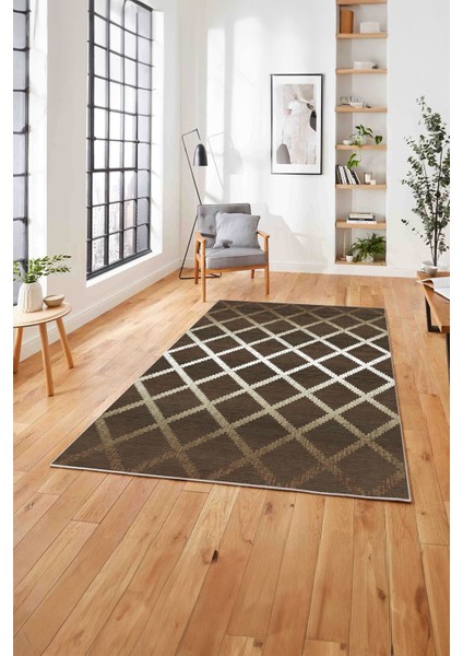 Dijital Baskılı Sade Kare Çizgili Yıkanabilir Kaymaz Yolluk Mutfak Salon Halısı, Sade-56-Kahve,