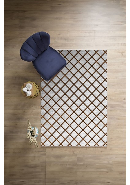 Dijital Sade Kare Çizgi Desenli Yıkanabilir Kaymaz Yolluk Mutfak Salon Halısı, Sade-58-Kahve,