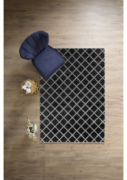 Dijital Sade Kare Çizgi Desenli Yıkanabilir Kaymaz Yolluk Mutfak Salon Halısı, Sade-58-Siyah,