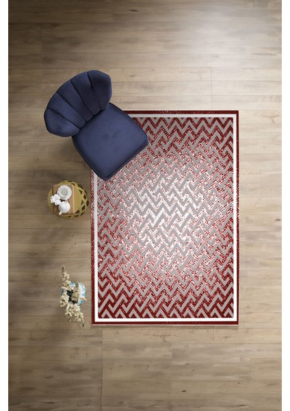Dijital Sade Çerçeveli Zigzag Model Yıkanabilir Kaymaz Yolluk Mutfak Salon Halısı, Sade-88-Bordo,