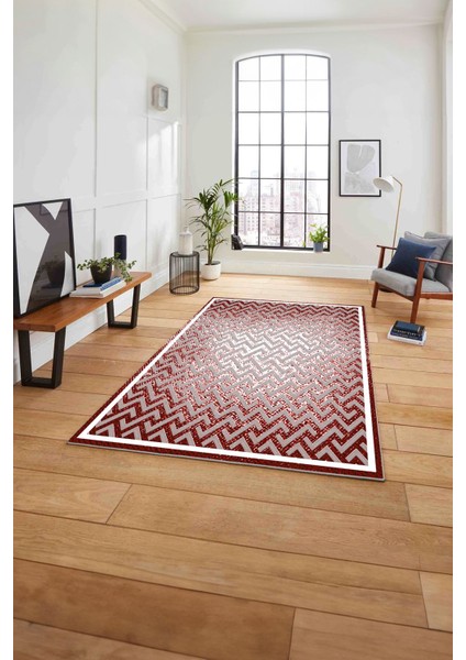 Dijital Sade Çerçeveli Zigzag Model Yıkanabilir Kaymaz Yolluk Mutfak Salon Halısı, Sade-88-Bordo,
