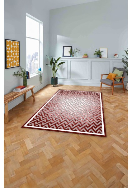Dijital Sade Çerçeveli Zigzag Model Yıkanabilir Kaymaz Yolluk Mutfak Salon Halısı, Sade-88-Bordo,