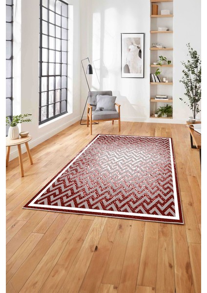 Dijital Sade Çerçeveli Zigzag Model Yıkanabilir Kaymaz Yolluk Mutfak Salon Halısı, Sade-88-Bordo,