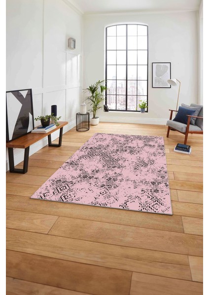 Dijital Baskılı Sade Etnik Model Yıkanabilir Kaymaz Yolluk Mutfak Salon Halısı, Sade-94-Pembe,