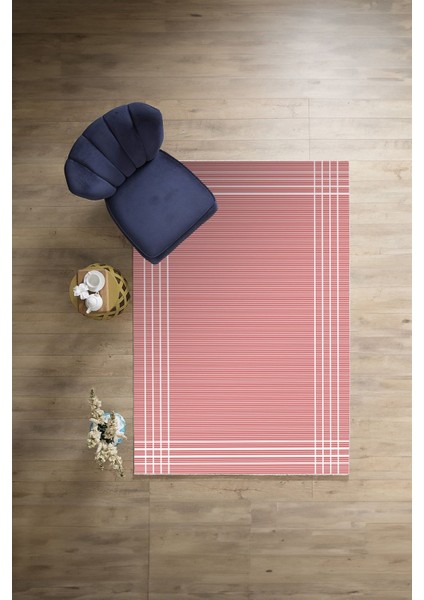 Dijital Sade Çizgili Dikdörtgen Model Yıkanabilir Kaymaz Yolluk Mutfak Salon Halısı, Sade-85-Pembe,