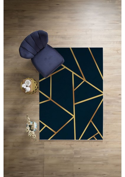 Dijital Baskılı Sade Çizgili Modern Yıkanabilir Kaymaz Yolluk Mutfak Salon Halısı, Sade-90-Lacivert,