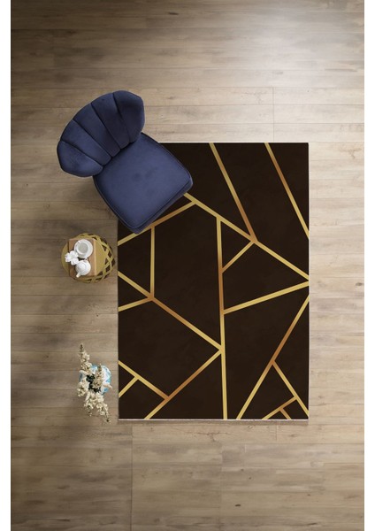Dijital Baskılı Sade Çizgili Modern Yıkanabilir Kaymaz Yolluk Mutfak Salon Halısı, Sade-90-Kahve,