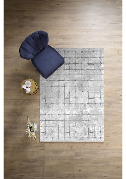 Dijital Baskılı Sade Kare Desenli Yıkanabilir Kaymaz Yolluk Mutfak Salon Halısı, Sade-73-Gri,