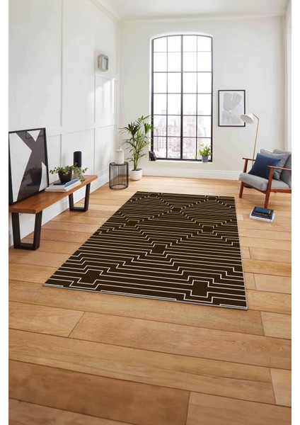 Dijital Sade Modern Çizgi Motifli Yıkanabilir Kaymaz Yolluk Mutfak Salon Halısı, Sade-96-Kahve,