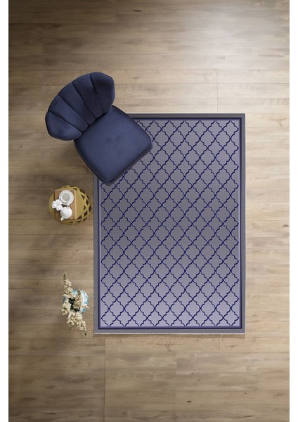 Dijital Sade Çerçeveli Kupa Desen Yıkanabilir Kaymaz Yolluk Mutfak Salon Halısı, Sade-91-Mavi,