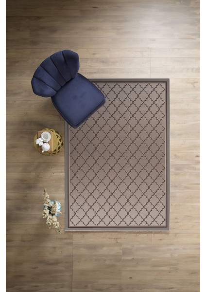 Dijital Sade Çerçeveli Kupa Desen Yıkanabilir Kaymaz Yolluk Mutfak Salon Halısı, Sade-91-Vizon,