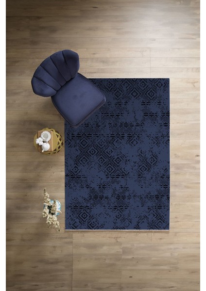 Dijital Baskılı Sade Etnik Model Yıkanabilir Kaymaz Yolluk Mutfak Salon Halısı, Sade-94-Lacivert,