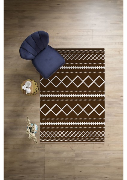 Dijital Baskılı Sade Kilim Motifli Yıkanabilir Kaymaz Yolluk Mutfak Salon Halısı, Sade-95-Kahve,