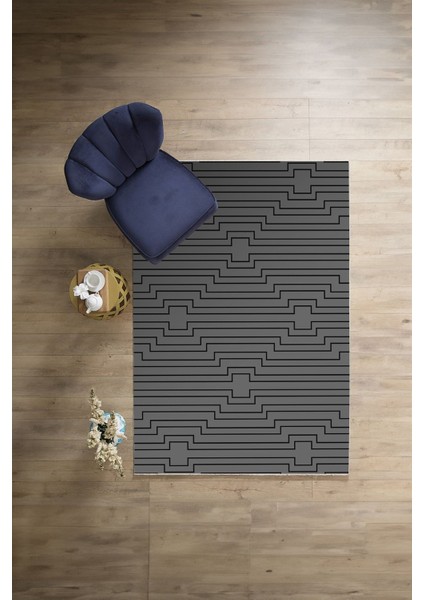 Dijital Sade Modern Çizgi Motifli Yıkanabilir Kaymaz Yolluk Mutfak Salon Halısı, Sade-96-Gri,